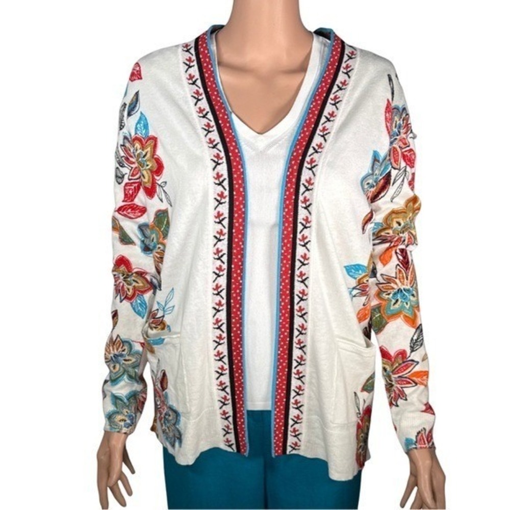 Daniel Rainn Cristiana Boarder Print Cardigan White Floral Linen‎ Blend XS NEW